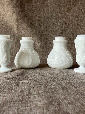 2 Sets Vintage Imperial Milk Glass with Grape & Vine Pattern Salt & Pepper Shake